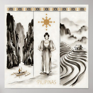 Affiche Philippines-El Nido & Rizières-Ink wash