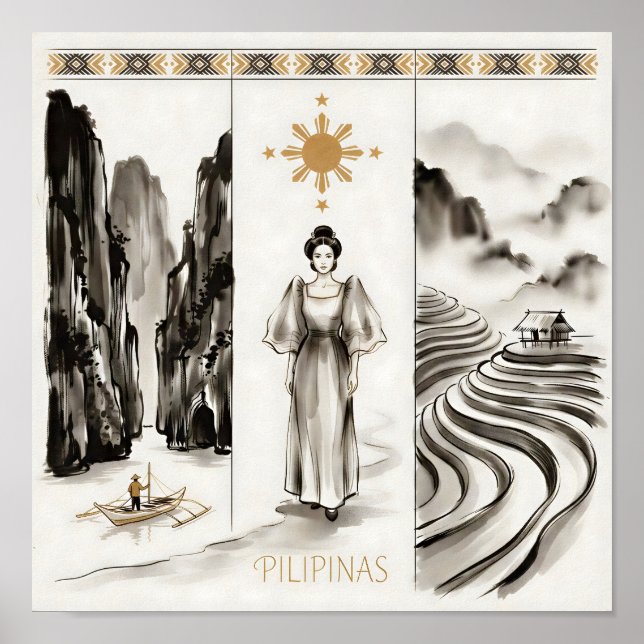 Affiche Philippines-El Nido & Rizières-Ink wash (Devant)