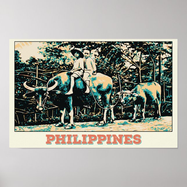 Affiche Philippines, enfants jouant avec des buffles d'eau (Devant)