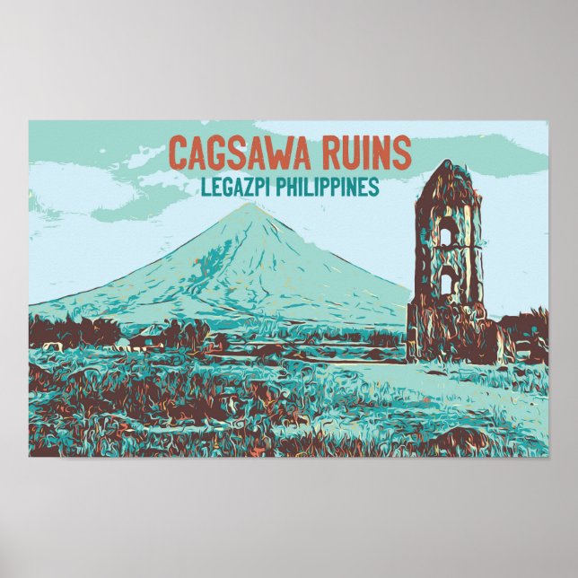 Affiche Philippines, ruines de Cagsawa, Legazpi, volcan Ma (Devant)
