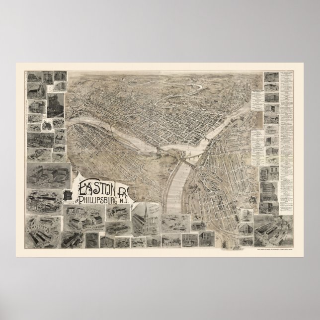 Affiche Phillipsburg, NJ & Easton, PA Carte panoramique -  (Devant)