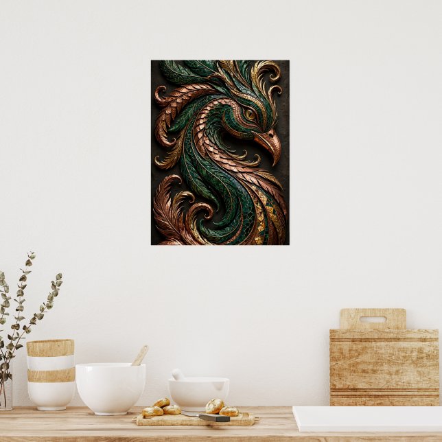 Affiche Phoenix Mosaïque 3D Vert Noir Orange (Cuisine)