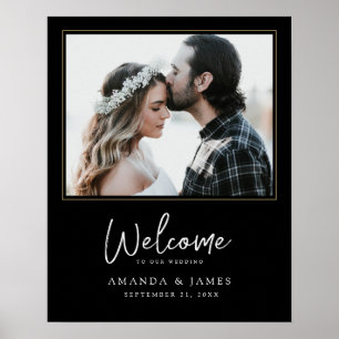 Affiche Photo chic Mariage noir, blanc et or Bienvenue