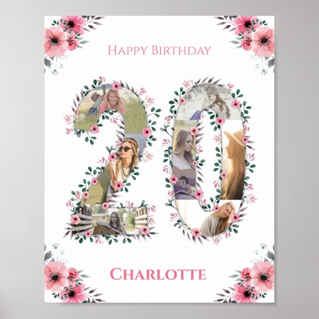 Affiche Photo Collage 20e anniversaire fille rose Fleur bl (Devant)