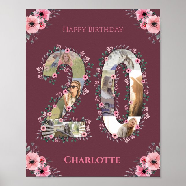 Affiche Photo Collage Big 20th Birthday Girl Pink Flower (Devant)