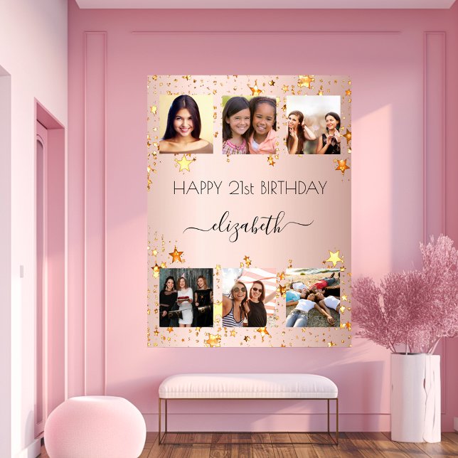 Affiche Photo d'anniversaire collage étoiles rose or (Créateur téléchargé)