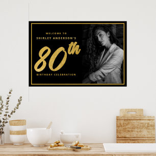 Affiche Photo de 80e anniversaire noir élégant feuille de 