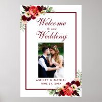 Photo de bienvenue de mariage bohème floral burgun