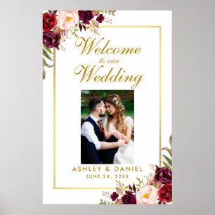 Affiche Photo de bienvenue de mariage floral bordeaux or