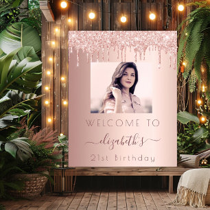 Affiche Photo de fête d'anniversaire rose gold pailleté de