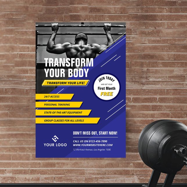 Affiche Photo de gym Blue & Yellow Logo Fitness Promotionn (Créateur téléchargé)