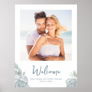 Affiche Photo de mariage floral bleu aquarelle élégantes r