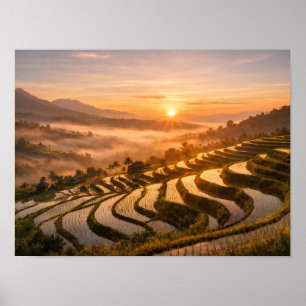 Affiche Photo de paysage du lever de soleil sur les rizièr