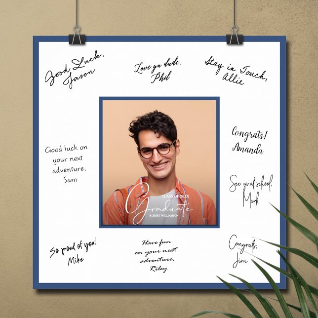 Affiche Photo de remise de diplôme avec autographe Bleu (Graduation autograph poster with your photo and blue border, INSTANT DOWNLOAD and/or PRINTED)