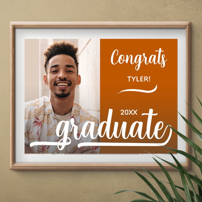 Affiche Photo de remise de diplôme moderne orange brûlé (Congrats Graduate orange poster with your photo, INSTANT DOWNLOAD and/or PRINTED)