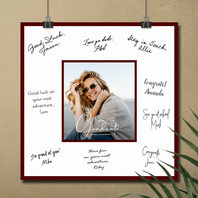 Affiche Photo de remise de diplômes Autographe Marron fonc (Graduation autograph poster with your photo and dark maroon border, INSTANT DOWNLOAD and/or PRINTED)