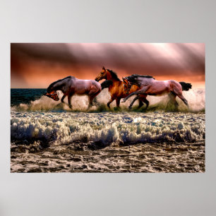 Affiche Photo dramatique de chevaux qui courent sur une pl