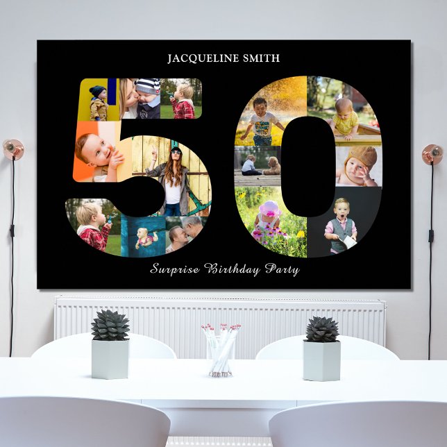 Affiche Photo du 50e anniversaire de la fête Collage noir  (50th birthday party poster in black with custom photo collage template in the "5" and "0".)