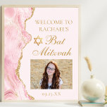 Affiche Photo du parti Bat mitzvah de l'Agate rose chic<br><div class="desc">Une agate rose et or chic orne le côté de cet élégant poster de bienvenue Bat mitzvah. Le nom de votre fille est écrit dans une belle écriture formelle avec l'étoile de David au-dessus de sa photo d'anniversaire. Parfait pour une famille juive moderne et élégante célébrant l'appel de leur fille...</div>