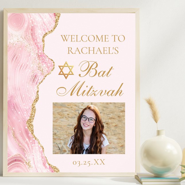 Affiche Photo du parti Bat mitzvah de l'Agate rose chic (Créateur téléchargé)