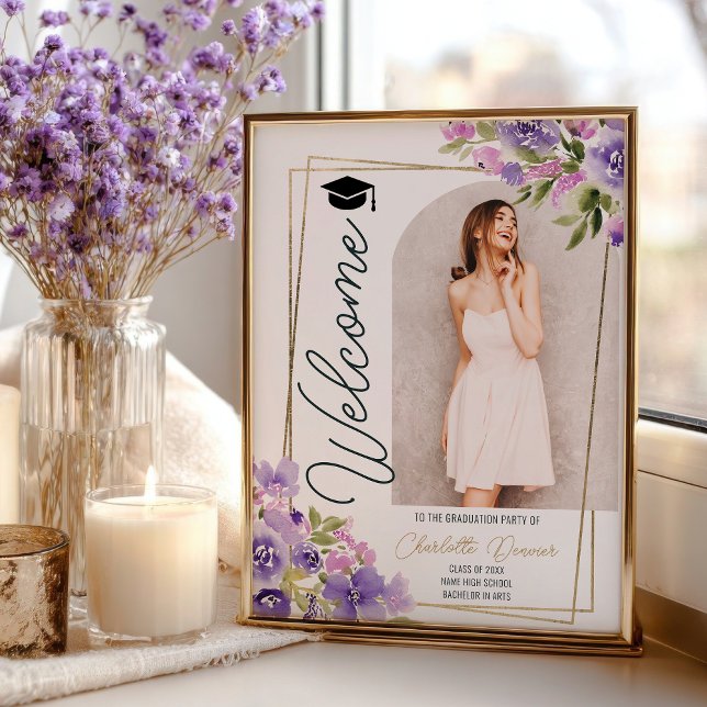 Affiche Photo Floral Boho violet or script de fin d'études (Photo Floral Boho purple gold script graduation Poster)