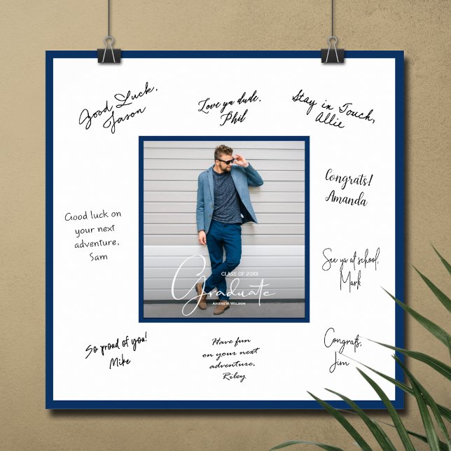 Affiche Photo Graduation Autographe Marine Bleu Bordure (Graduation autograph photo poster with navy blue border, INSTANT DOWNLOAD and/or PRINTED)