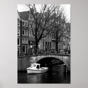 Affiche Photo noir et blanc du canal d'Amsterdam