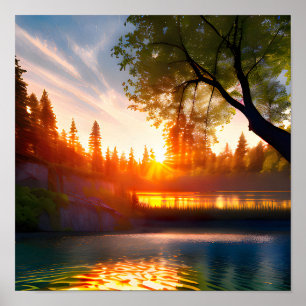 Affiche Photo Peinture Réaliste Cascade Au Coucher Du Sole