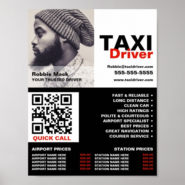 Affiche Photo personnalisée, chauffeur de taxi - Tarifs (Devant)