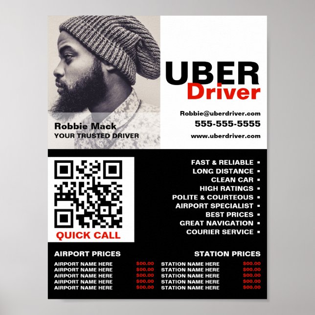Affiche Photo personnalisée, Conducteur Uber - Tarifs (Devant)