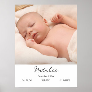 Affiche Photo personnalisée Nom du bébé et détails de nais
