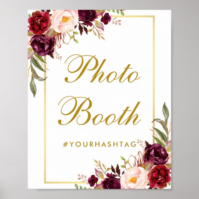 Affiche Photobooth de mariage floral bordeaux or (Devant)