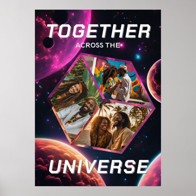 Affiche Photocube 3D dans l'espace avec des planètes (Devant)