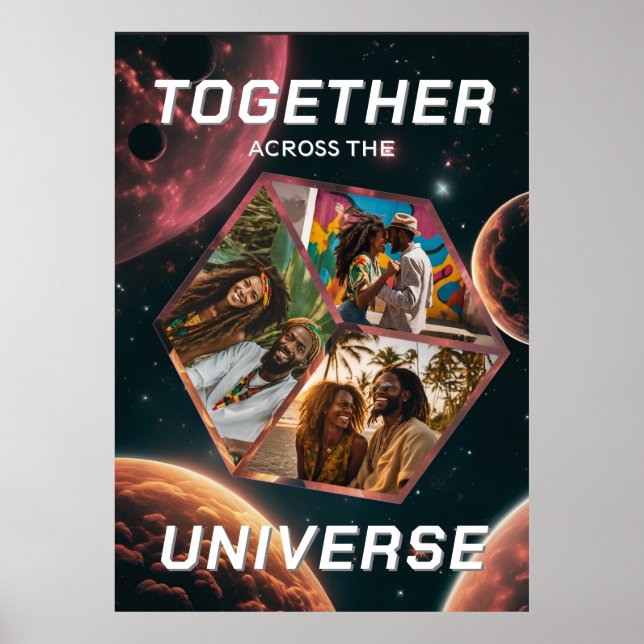 Affiche Photocube 3D dans l'espace avec des planètes (Devant)