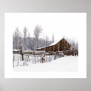 Affiche Photographie de grange rurale enneigée