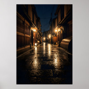 Affiche Photographie de nuit de ruelle japonaise sous la p