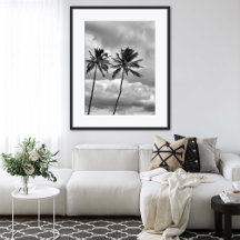 Photographie de palmiers tropicaux en noir et blan