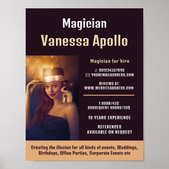 Affiche Photographie personnalisée, Publicité de magicien (Devant)