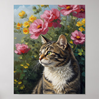 Affiche Photoreal Cat & Flowers | Oil-Impressionist Art