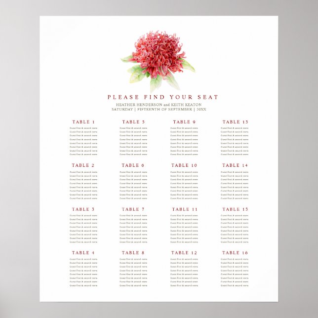 Affiche Photos de fleurs de waratah rouge mariage 16 table (Devant)