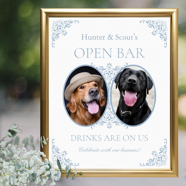 Affiche Photos pour animaux de compagnie Blue Coastal Chic (pet photo open bar sign for dog cat pet wedding or pet human wedding signs for pet lovers blue white)