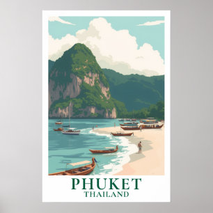 Affiche Phuket Thaïlande Voyage Bateau Longtail Plage Vint