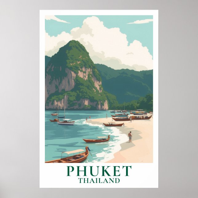 Affiche Phuket Thaïlande Voyage Bateau Longtail Plage Vint (Devant)