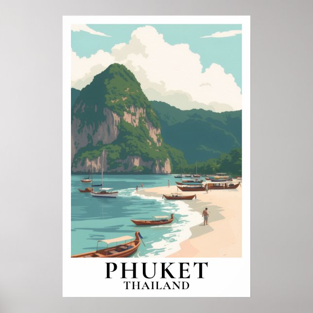Affiche Phuket Thaïlande Voyage Bateau Longtail Plage Vint (Devant)