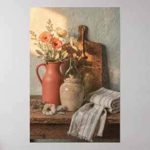 Affiche Pichet en terre cuite avec coquelicots et lin