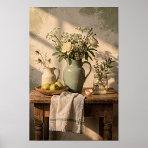 Affiche Pichet vert avec marguerites et poires