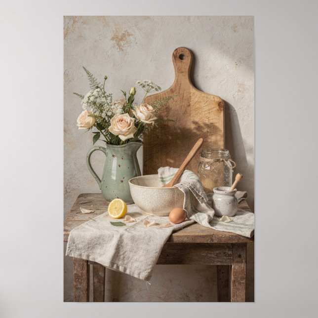 Affiche Pichet vert pâle, roses et citron (Devant)