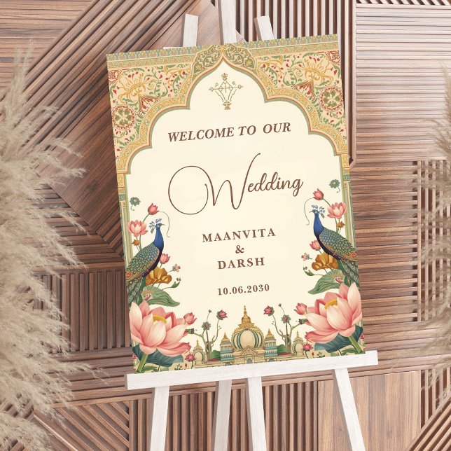 Affiche Pichwai Indian Lotus Peacock Wedding Welcome Sign (Créateur téléchargé)