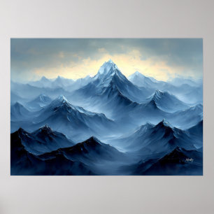 Affiche Pics de montagnes bleues paisibles dans un style a