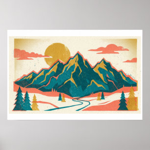 Affiche Pics de montagnes majestueux Risographe vintage